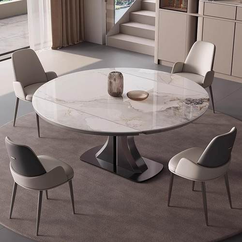 轻奢岩板餐桌家用可伸缩小户型方圆可变简约圆形带转盘电磁炉跳台