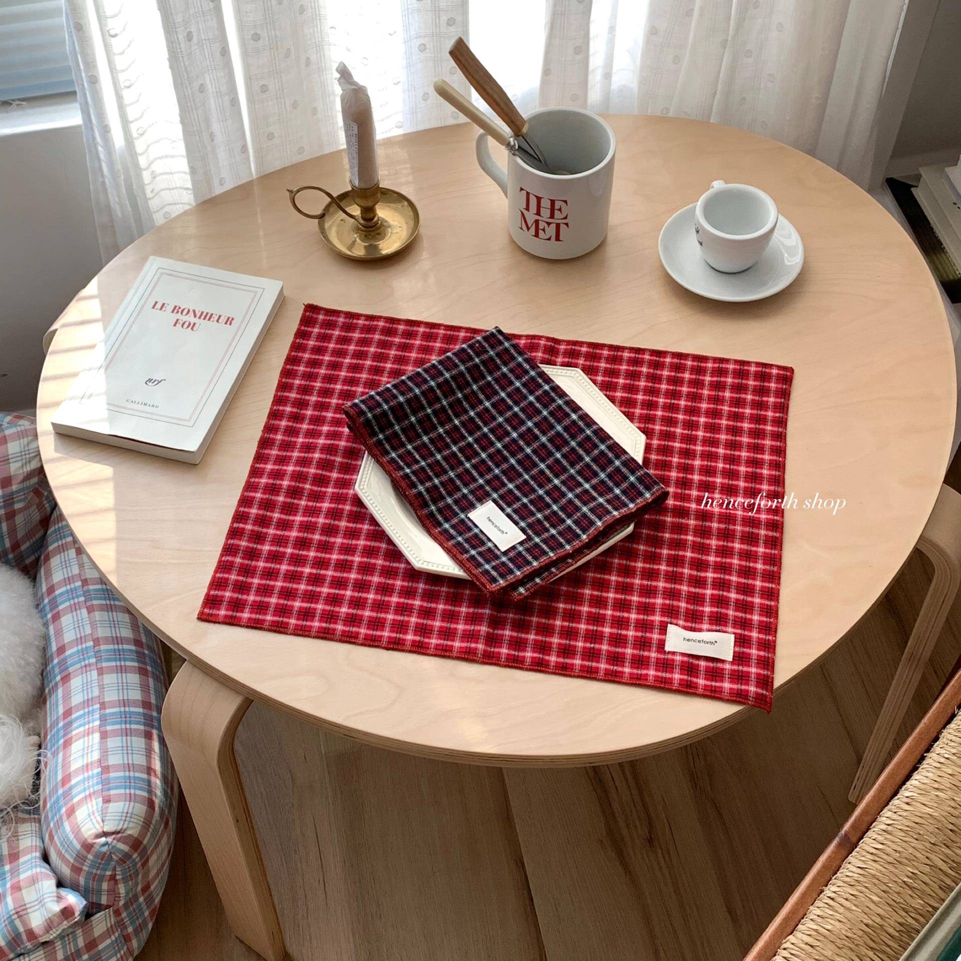 henceforth2024圣诞新年色自制餐巾红格纹方巾杯垫装饰垫ins风