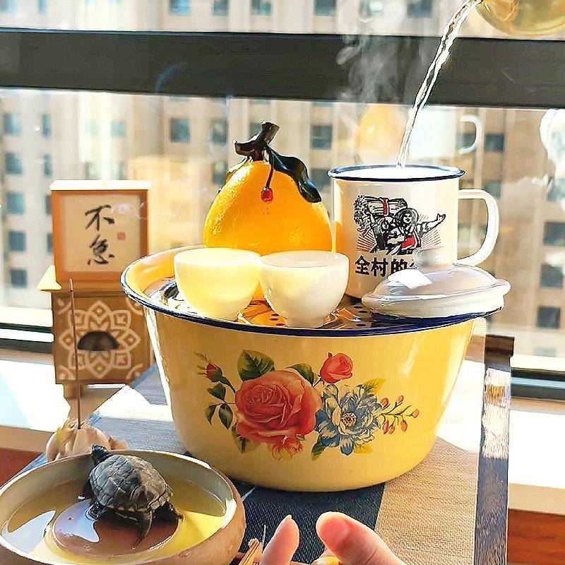 泡茶台茶盘家用老式加厚搪瓷茶缸茶桌废水废茶碗公元宝盆怀旧老式