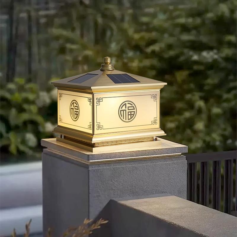 全铜太阳能庭院柱头灯户外防水大门柱子灯室外超亮简约别墅门柱灯