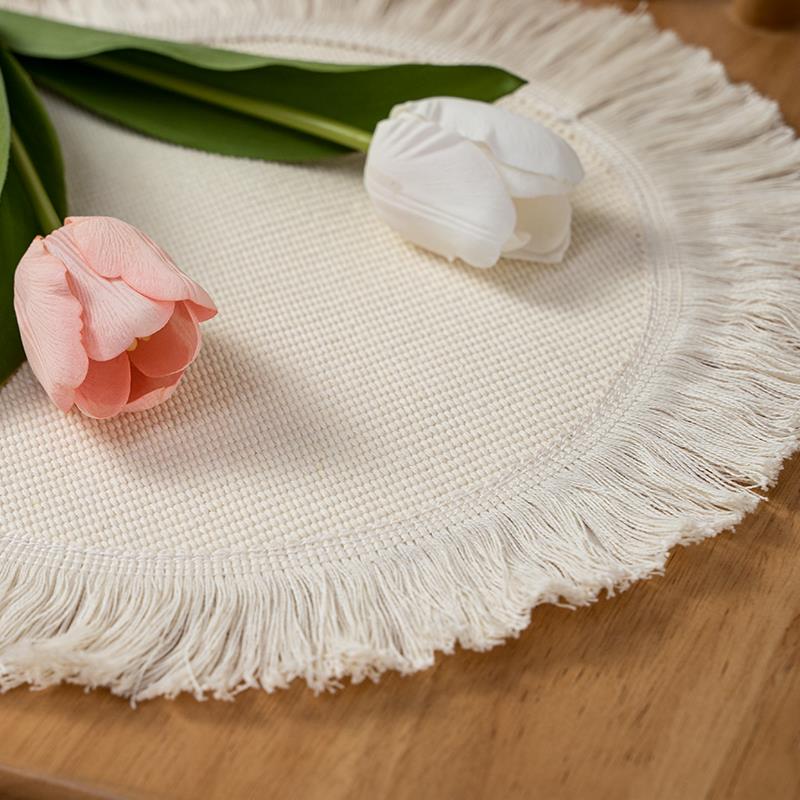 ins棉线编织餐垫白色流苏透气隔热杯垫吸水餐桌垫纯色家用隔热垫