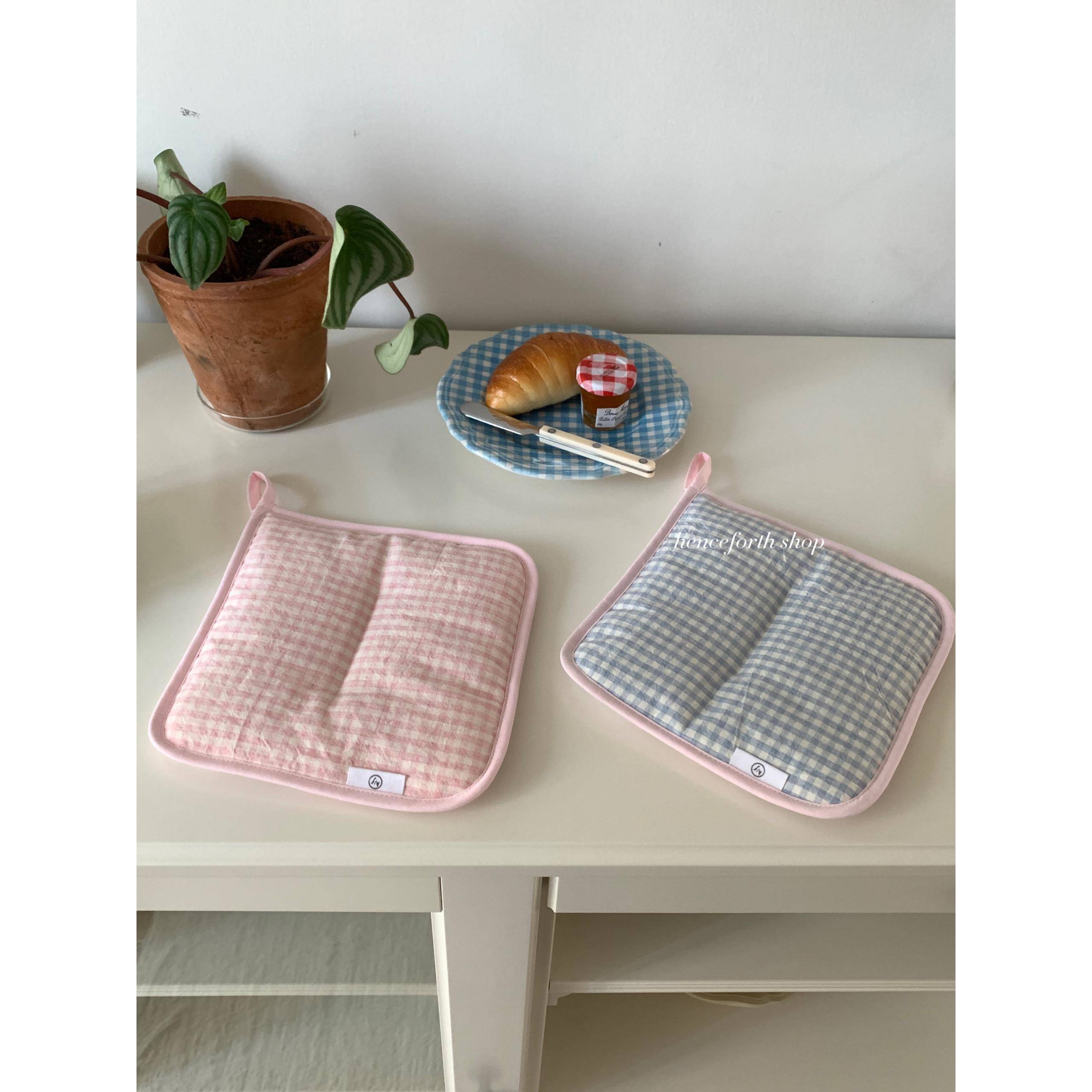 henceforth粉蓝小狗夹棉餐垫创意双面韩国格纹加厚隔热锅垫可挂
