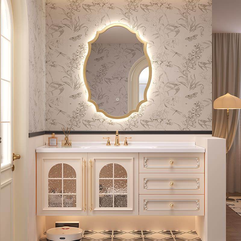 法式奶油风浴室柜组合陶瓷一体盆复古岩板洗手台卫生间池洗脸盆柜