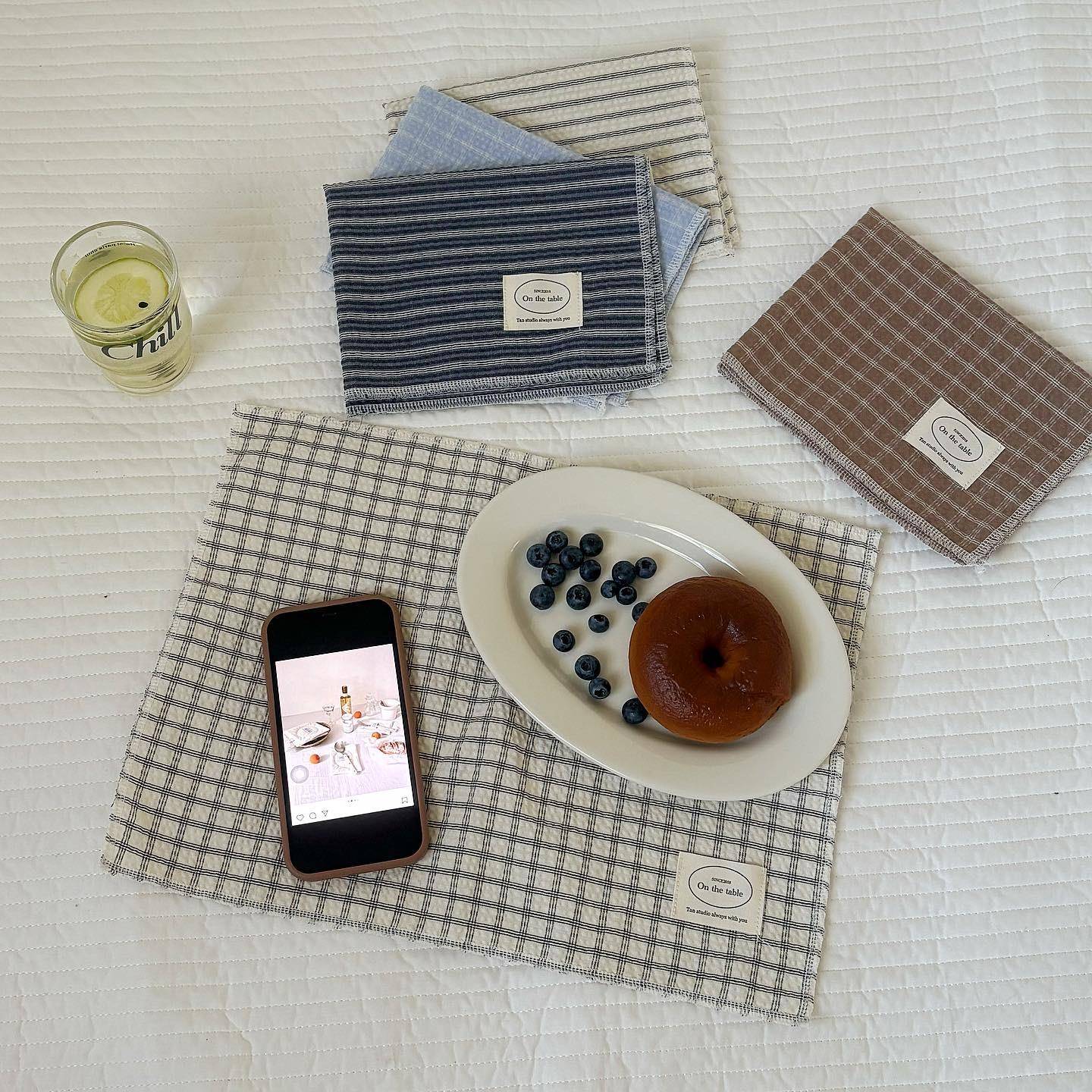 TJJ丨自制韩系ins肌理感格子条纹餐垫长方形餐布餐巾拍摄背景布