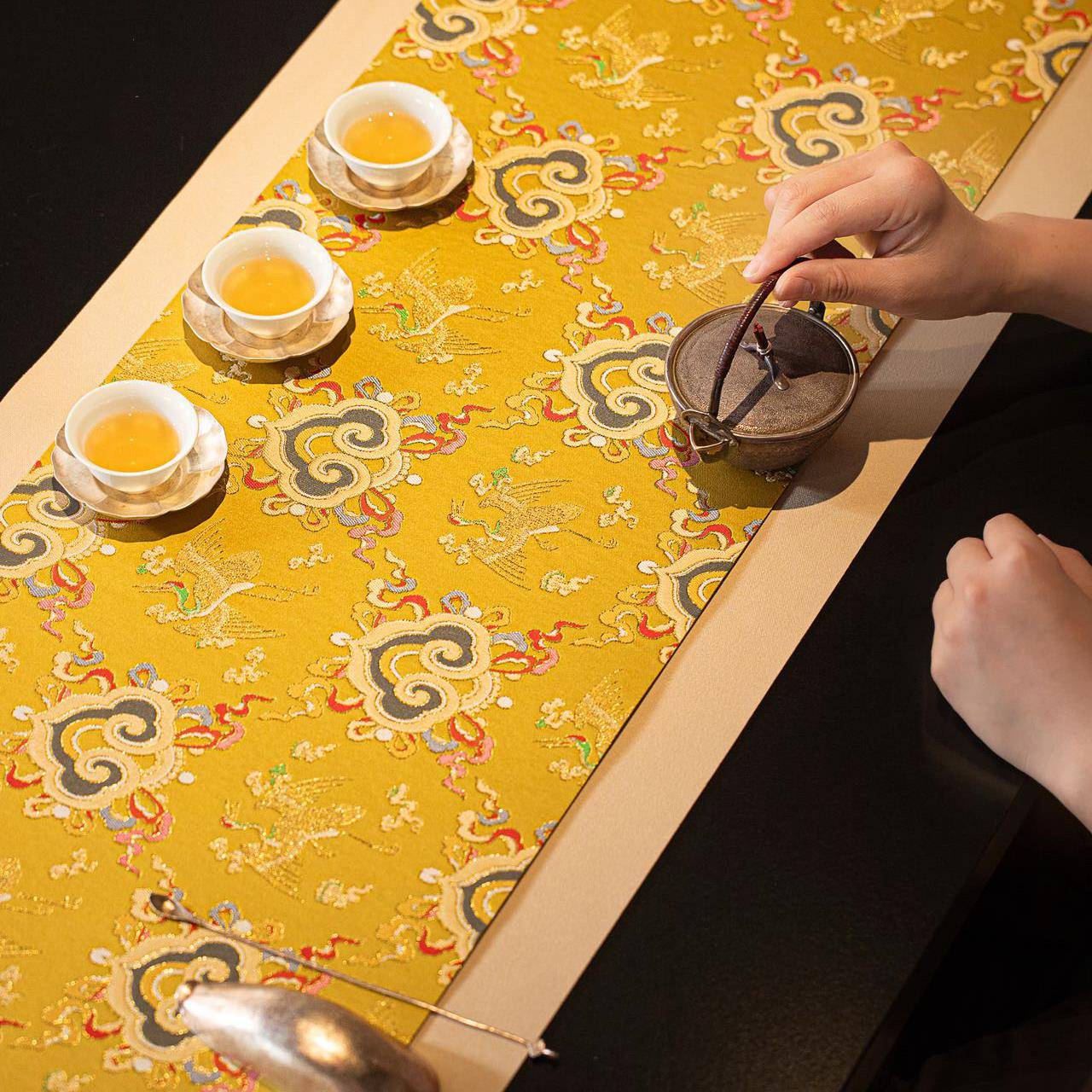 拾茗如意云鹤织锦茶席复古中式茶桌台布高端双面桌旗布艺茶道垫布