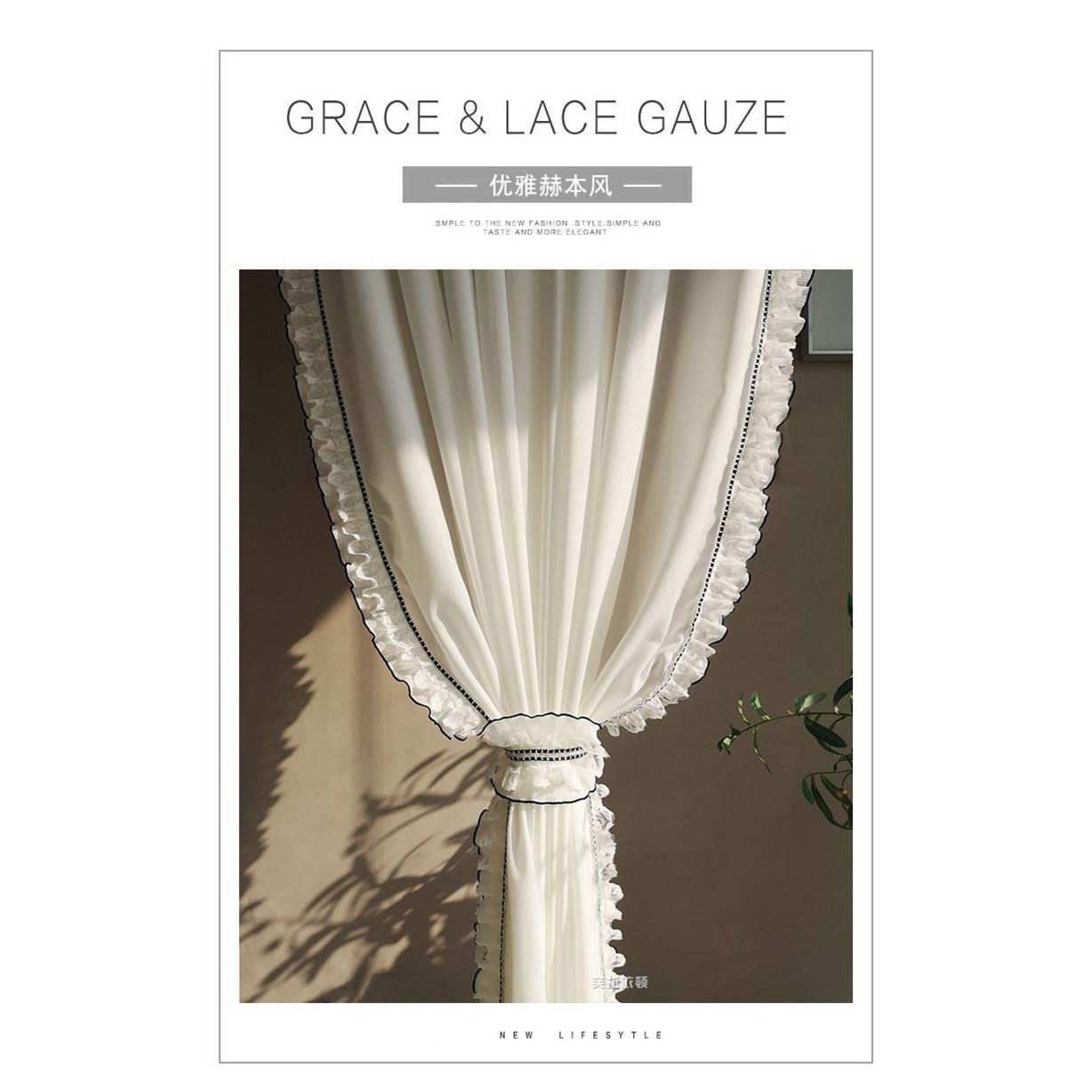 新款法式黑色蕾丝荷叶木耳边纱帘透光不透人客厅卧室橱窗白纱定制