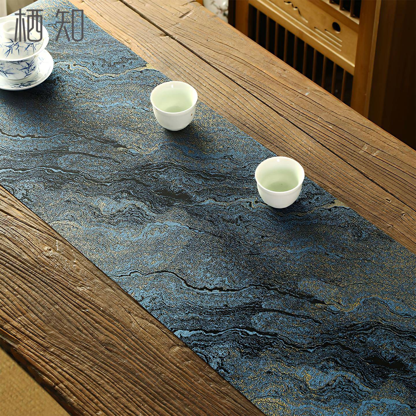 栖知堂 鎏金岁月新中式桌旗防水茶席茶桌干泡垫双面用长桌布茶道