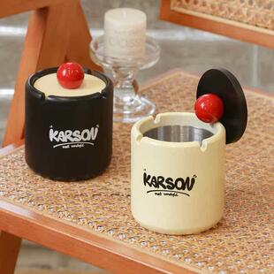 烟灰缸带盖子防飞灰大容量家用高级感北欧风桌面装饰创意摆件木质