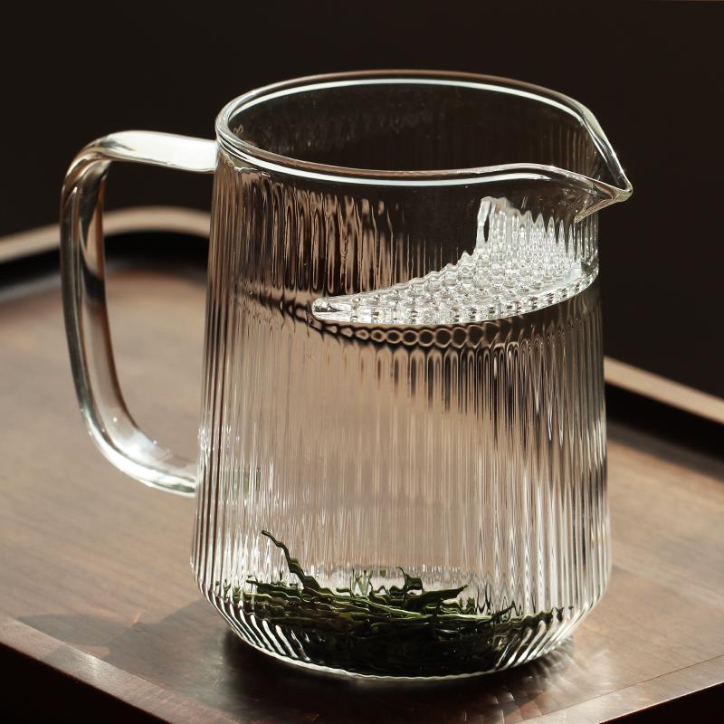 高硼硅耐热玻璃公道杯 耐高温条纹月牙杯茶漏一体分茶杯 无盖