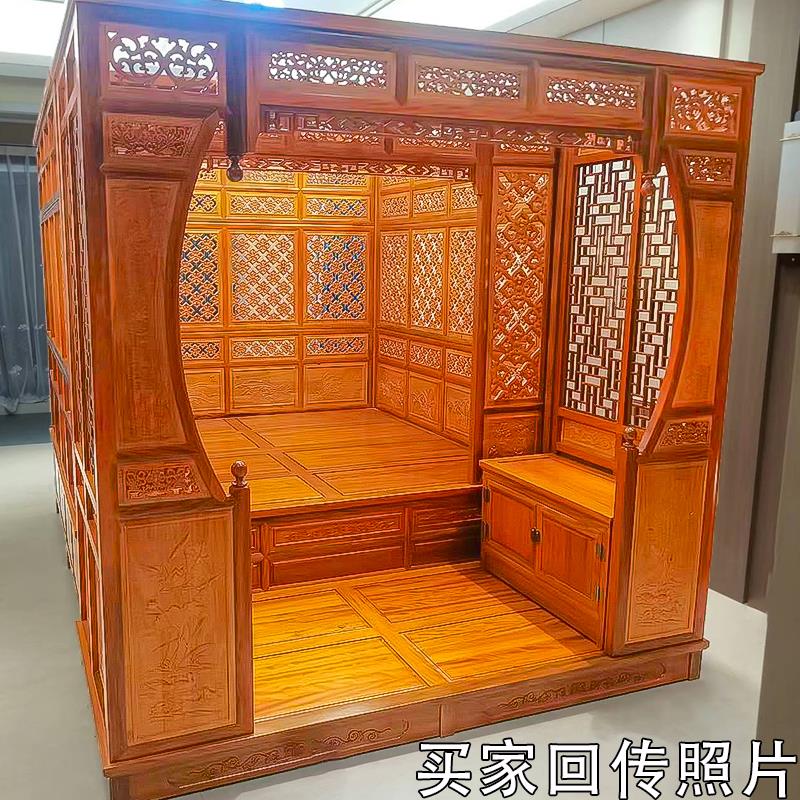 老式仿古典架子床千工踏步床红花梨酸枝雕花榆木复古代四柱宫廷床
