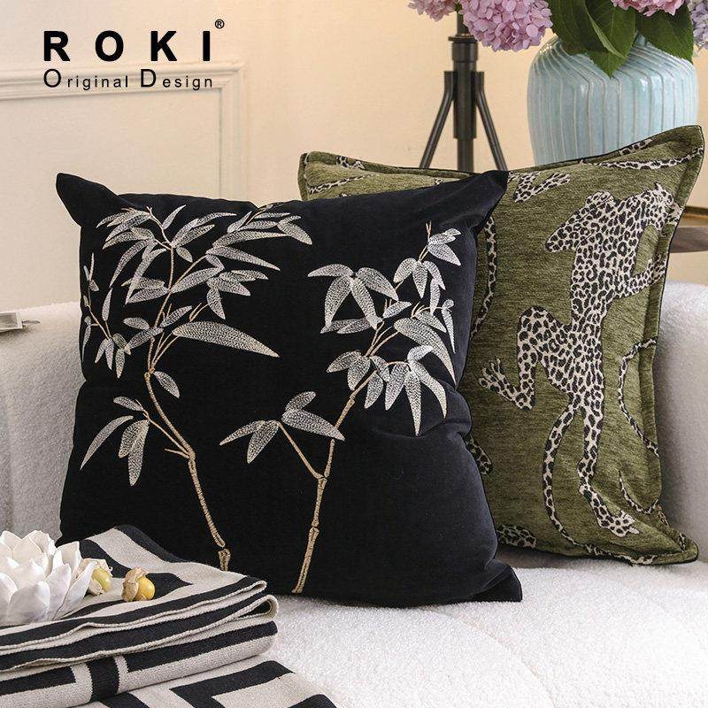 新中式刺绣竹纹抱枕绿色系组合高档靠枕民宿靠垫客厅沙发抱枕定制