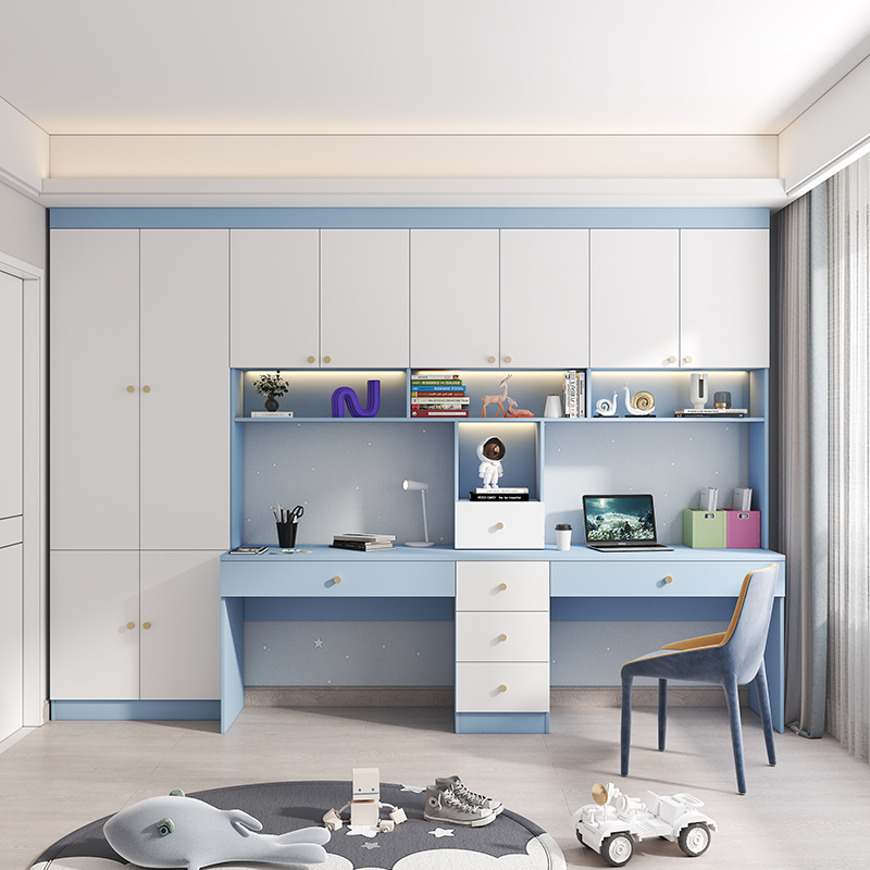 现代简约实木双人长书桌书架一体桌学生家用电脑桌书桌学习桌子