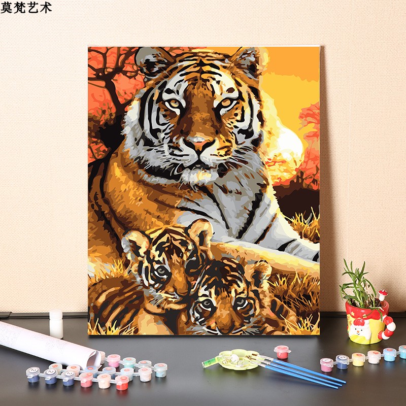 数字油画diy手工填充老虎一家人填色手绘消磨时间画画涂色油彩画