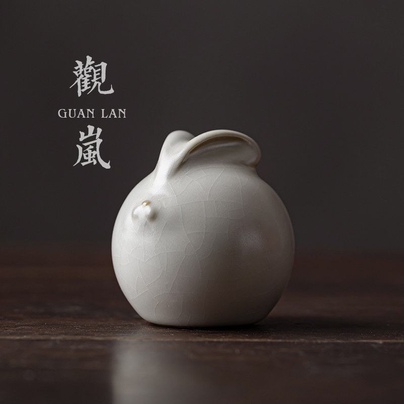 观岚汝窑茶具装饰品小摆件萌兔创意精品可养个性茶台茶宝茶宠玉兔