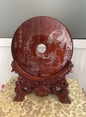 花梨木嵌银丝平安扣平安无事红木漆器客厅古典摆件潍坊特产工艺品