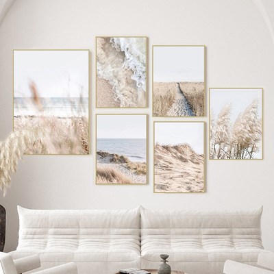 米色奶油系海边芦苇风景摄影挂画赤贫风中性色卧室客厅壁画装饰画