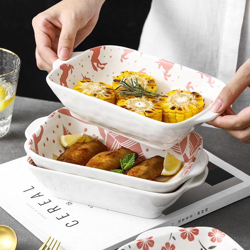 烘焙双耳烤碗陶瓷芝士焗饭烤盘烤箱碗北欧创意菜盘家用微波炉专用
