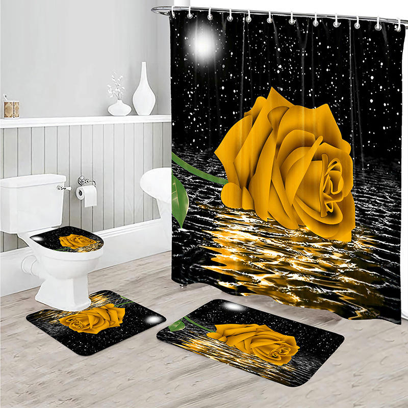 浴帘四件套跨境电商北欧风格玫瑰花鸟数码印花卡通系列四件套