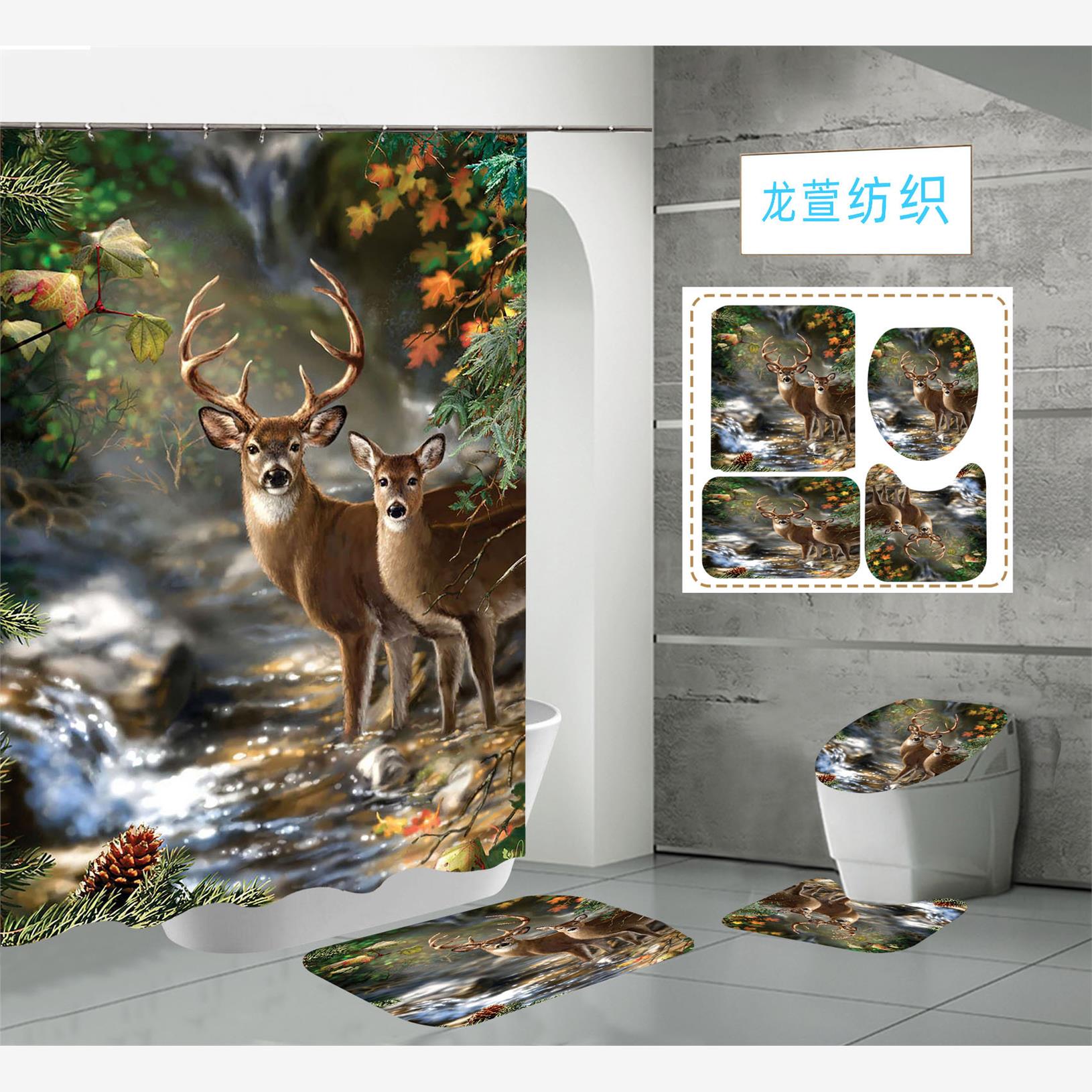 跨境亚马逊数码印花涤纶动物浴室淋浴帘淋浴套装厂家直销创意印花