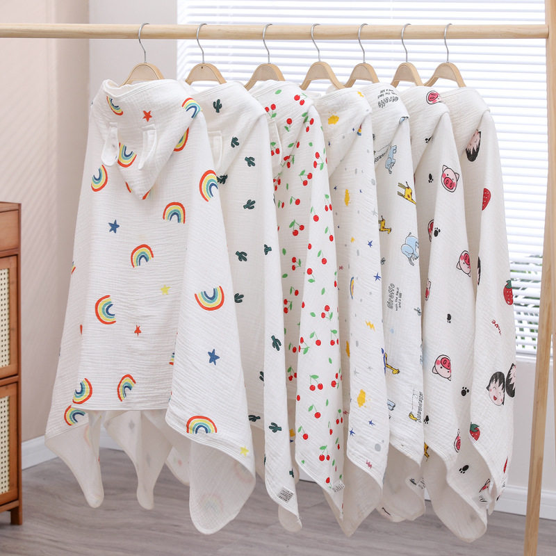 纯棉四层婴幼儿纱布浴巾儿童连帽棉花糖新生儿浴袍斗印花超柔软