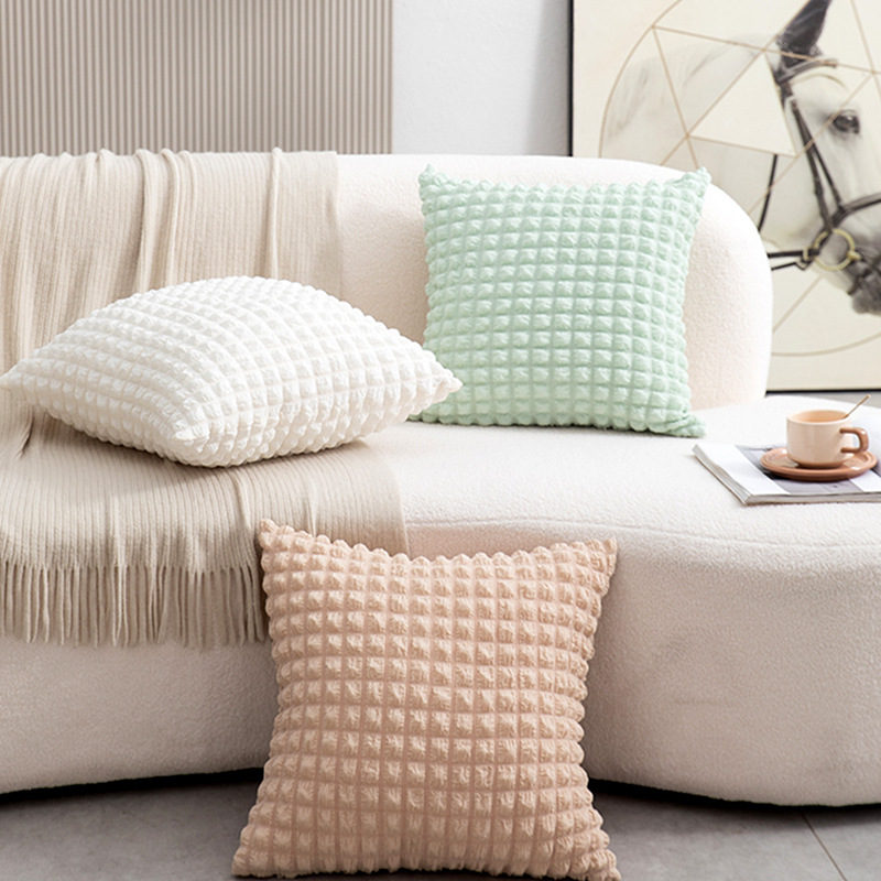 新款跨境家居沙发靠垫ins简约纯色弹力泡芙格子抱枕套床头靠枕