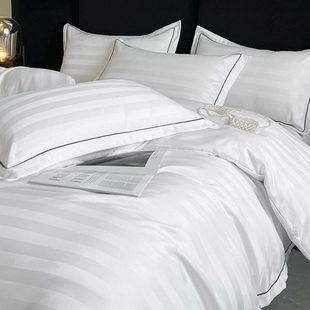 缎条纹酒店宾馆民宿四件套纯白色棉贡缎床上用品名宿公寓被套床单