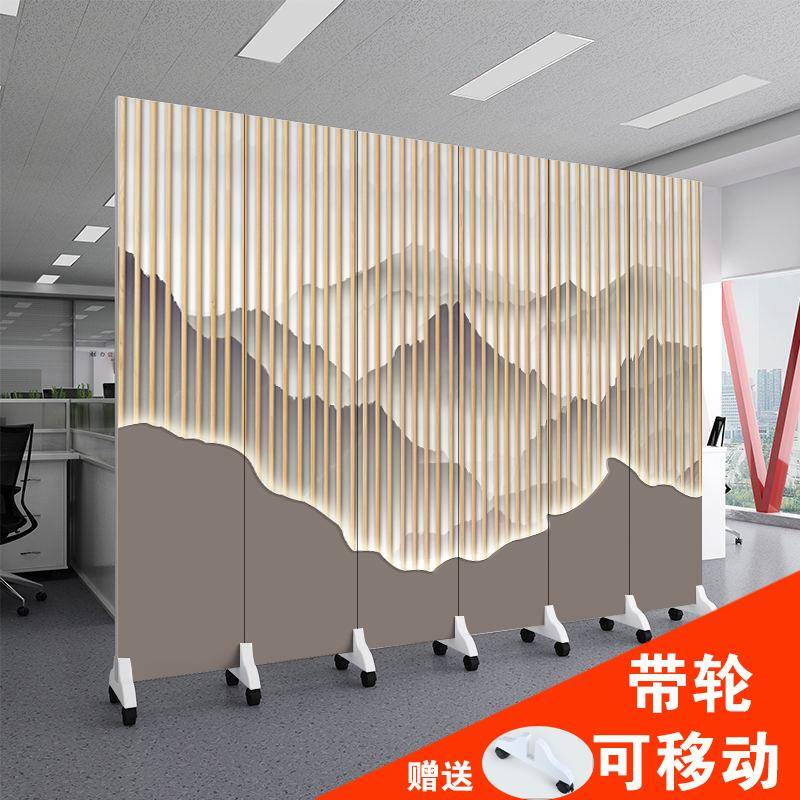 新中式屏风客厅隔断办公室酒店可移动带轮双面布艺可折叠简易隔墙