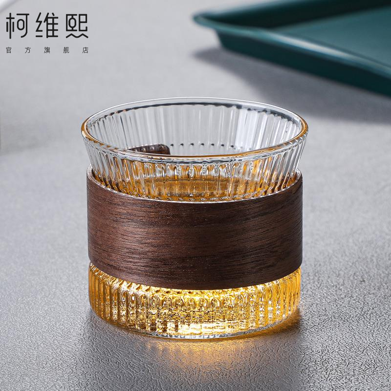 日式锤纹玻璃木环茶杯品茗杯水杯