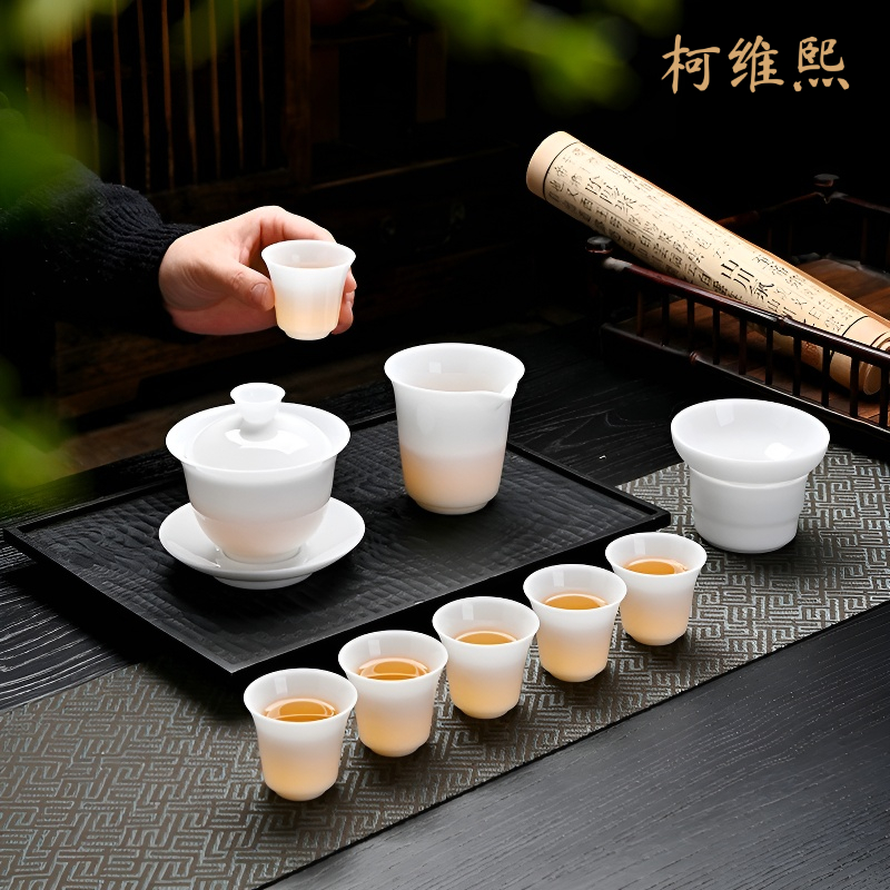 高档冰种玉瓷功夫茶具套装家用会客泡茶盖碗茶杯精美轻奢送礼礼盒