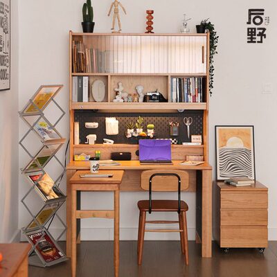 后野实木转角书桌书柜书架一体 学生学习桌家用写字桌樱桃木 格致