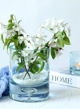 咖啡厅花瓶插底泡轻奢桌面淡现代蓝色客厅鲜花干花瓶长方形直筒