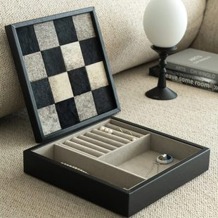 棋盘格摆件首饰托盘首饰盒收纳盒马毛高级首饰盒轻奢首饰收纳分格