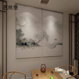挂屏风卷帘窗帘户软隔断办公室升降遮光家用客厅手拉山水画 新中式