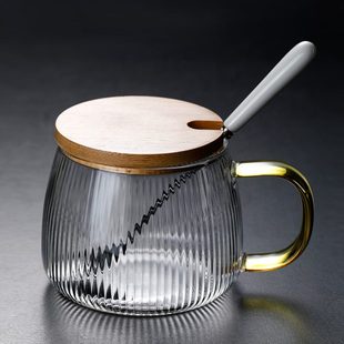 玻璃杯带盖勺把手耐高温燕麦牛奶早餐杯子家用大容量耐热水杯茶杯