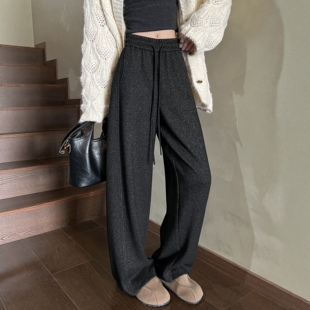 子 针织糯米弯刀裤 黑色羊毛阔腿裤 女秋冬高腰显瘦垂感加绒运动卫裤