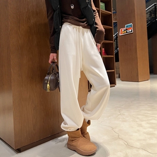 米白色加绒加厚束脚运动裤 女25秋冬高腰宽松收口弯刀哈伦香蕉卫裤