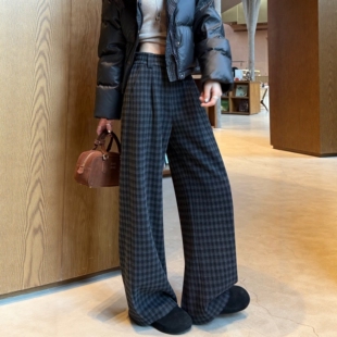 阔腿裤 加绒加厚高腰毛呢弯刀西装 子 女秋冬款 桑蚕丝羊毛复古格纹裤