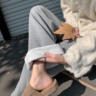 醋酸羊毛阔腿裤 黑灰色糯米裤 女秋冬高腰显瘦垂感加绒弯刀运动卫裤
