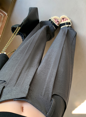 灰色窄版西装长裤直筒压褶设计高个子休闲弯刀裤宽松垂感阔腿裤女