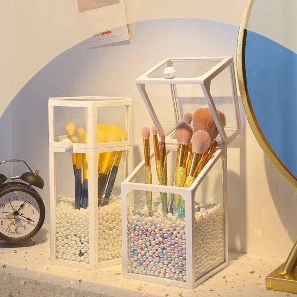 化妆刷收纳筒透明玻璃防尘桌面加珍珠轻奢高级带盖眉笔刷子收纳桶,收纳整理,化妆刷收纳盒/桶,淘宝优惠券,粉丝福利购,淘宝优惠卷