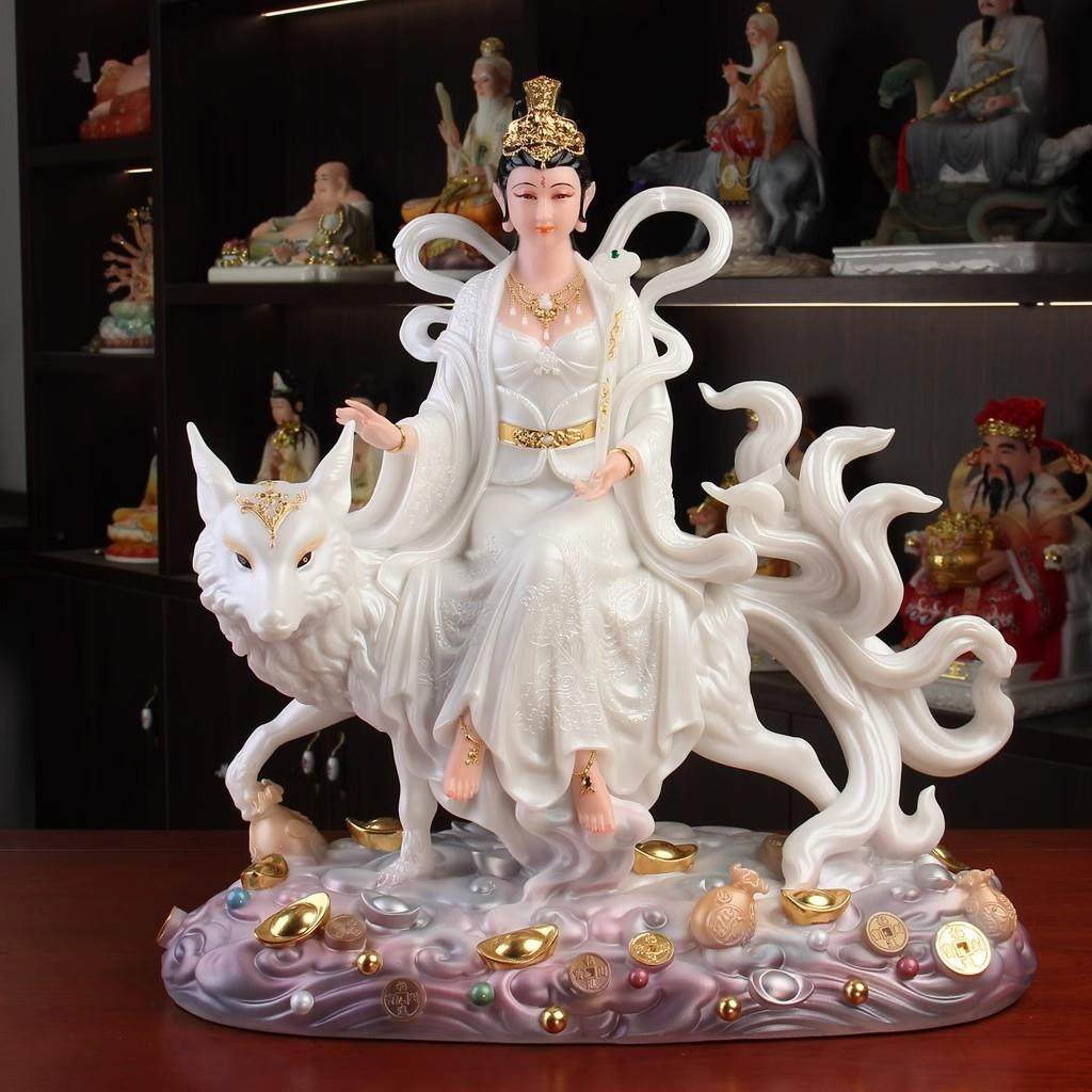 白狐娘娘汉白玉九尾狐像九尾狐娘娘神像真身九姑娘像家用供奉摆件
