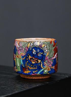 景德镇柴烧匣钵志野主人杯手绘唐卡大黑天茶杯手工单杯高端品茗杯