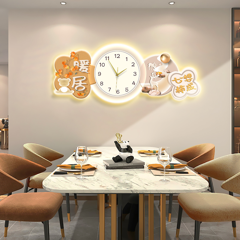 新中式餐厅钟表挂画平安喜乐饭厅挂钟家庭墙上时钟led发光装饰画图片