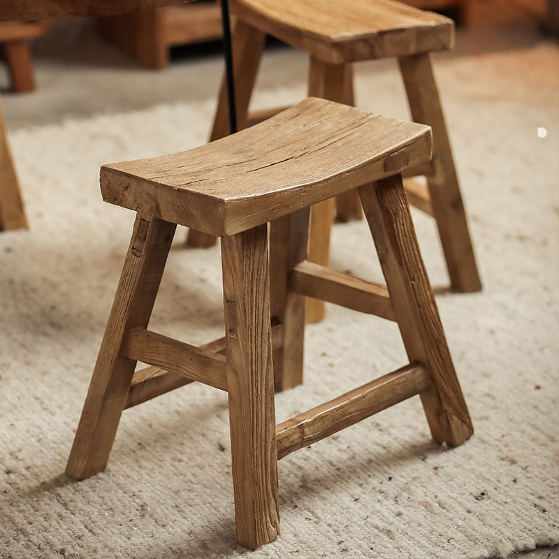 老榆木凹面凳客厅实木矮凳复古做旧坐凳冬天围炉煮茶小凳子四脚凳