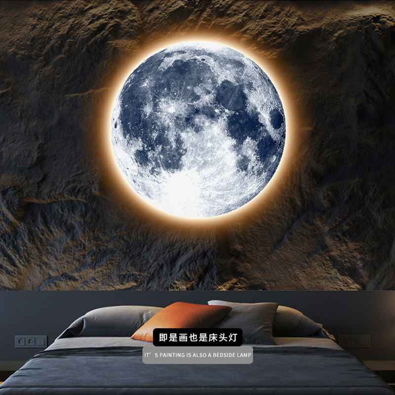 玄关装饰画led氛围灯画北欧圆形月球地球挂画客厅走廊过道发光画图片