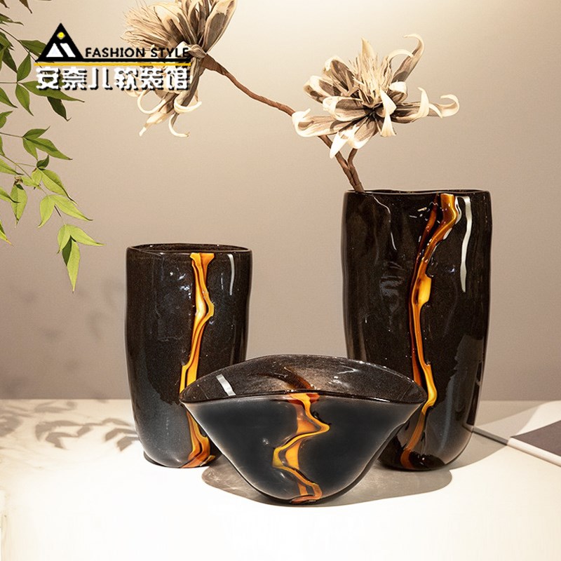 岩浆流黑色玻璃花瓶果盘s敞口加厚水培插花器轻奢家居酒店软装摆