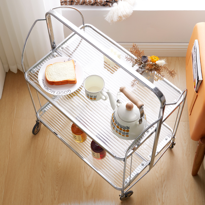 北欧中古推车茶几网红边几折叠滚轮移动餐车不锈钢双层玻璃置物架