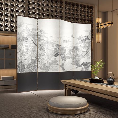 东方侘寂新中式折叠移动屏风隔断客厅办公室酒店茶室背景折屏山水