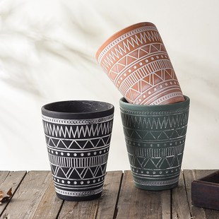 红陶土花盆圆形瘦高款做旧复古图腾元素透气陶瓷素烧绿植盆栽陶盆