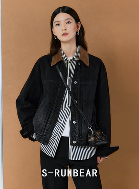 S-RUN时润贝而 翻领牛仔夹克外套女复古渐变牛仔上衣